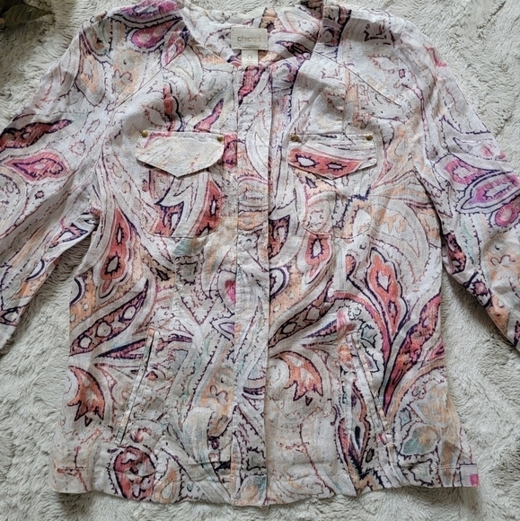 ✨CL Chico's 100% Linen Paisley Pastel Color Print Full Zip 3/4 Sleeve Blazer 0 - Picture 6 of 13